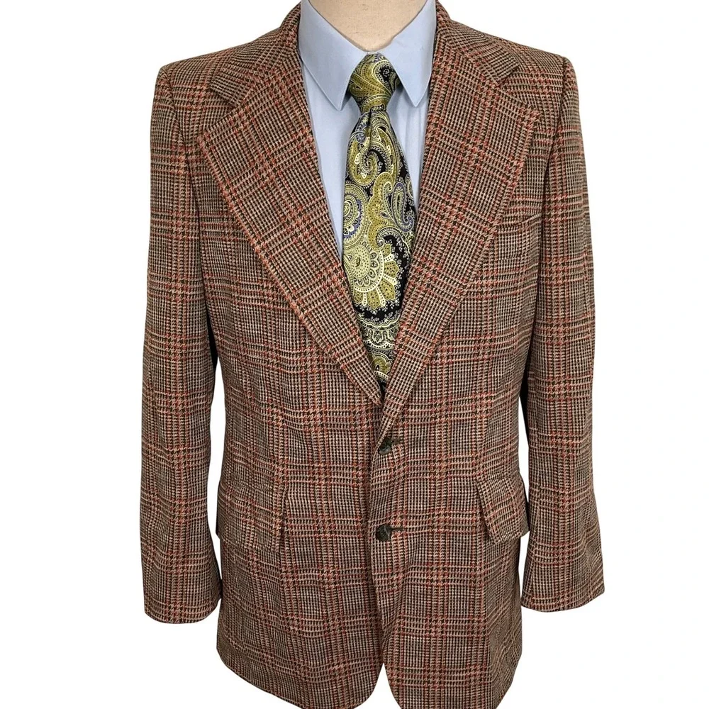 Vintage 70s Curlee Blazer Mens‎ 38R Tan Orange Green Houndstooth Plaid Classic